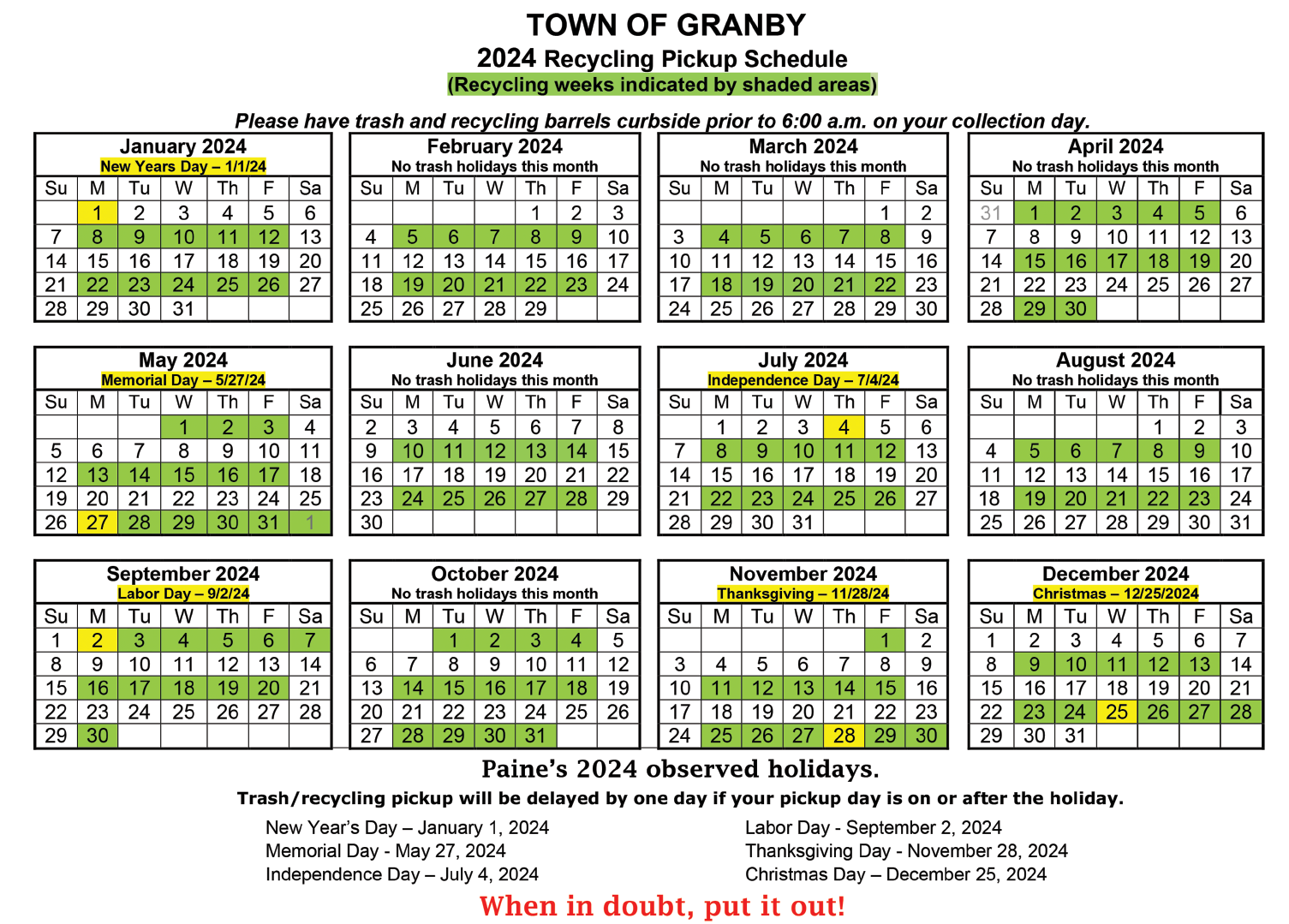 Town of Granby 2024 Recycling Pickup Schedule Granby Drummer